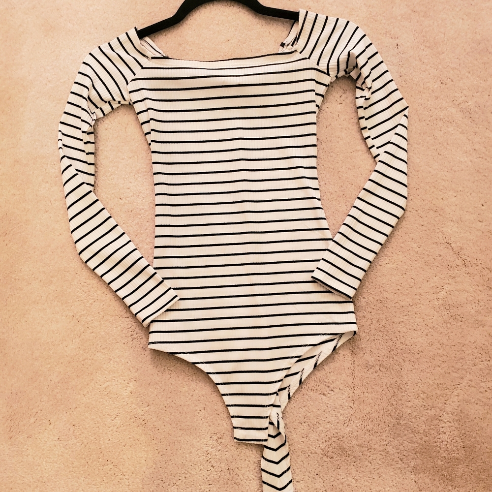 Black and White Striped Off the Shoulder Bodysuit